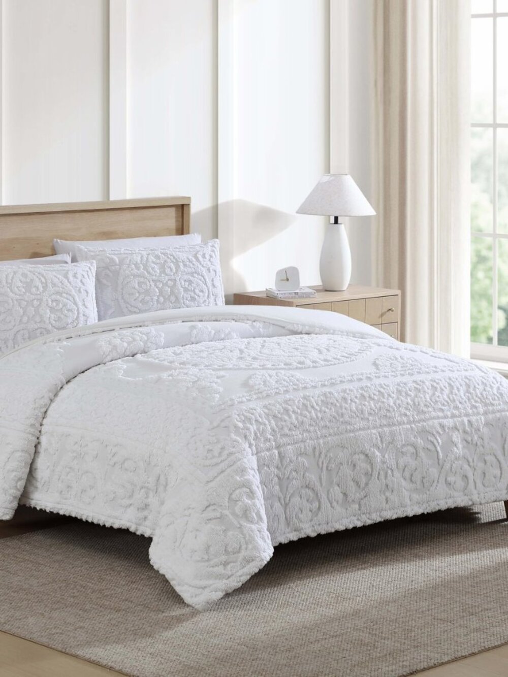 Medallion King Cotton Chenille Comforter Set, White
